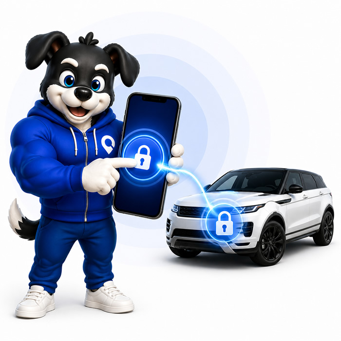 Mascote Rastrefy com app no celular